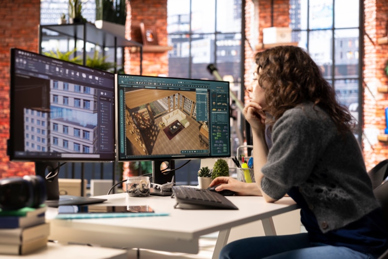 Badplanung am Computer mit Grundriss auf zwei Bildschirmen