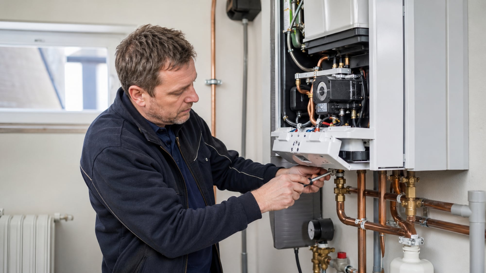 Heizungstechniker wartet eine Heizungsanlage in einem Wohnhaus